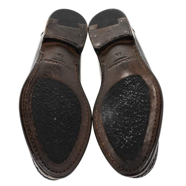 Pre Owned Dolce & Gabbana Black Leather Logo Bit Slip On Loafers Size 40.5