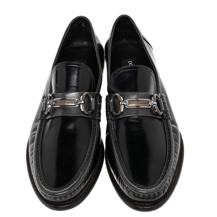Pre Owned Dolce & Gabbana Black Leather Logo Bit Slip On Loafers Size 40.5