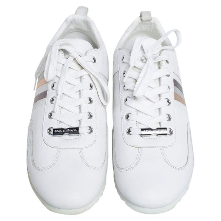Pre Owned Dolce & Gabbana White Leather and Suede Lace Up Low Top Sneakers Size 41