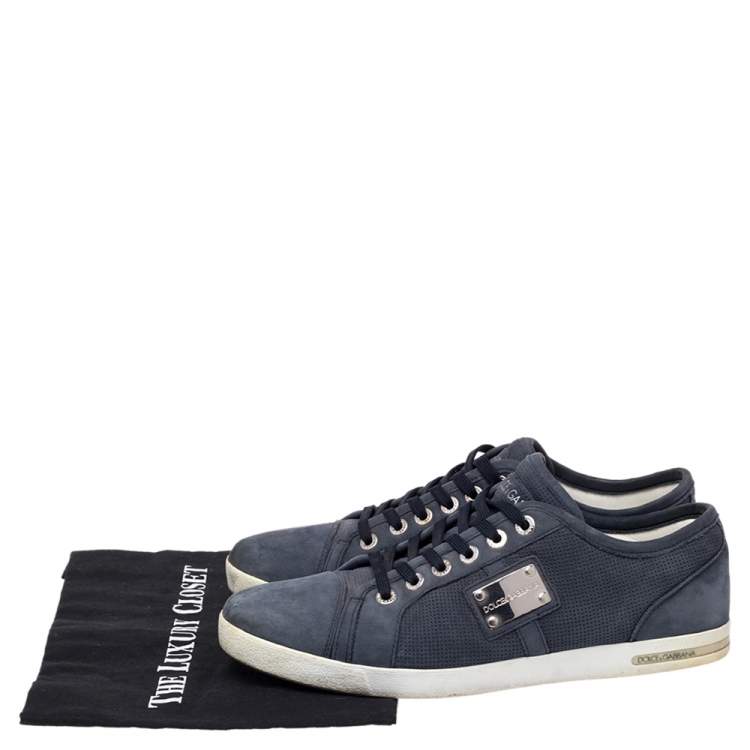 Pre Owned Dolce & Gabbana Blue Suede Logo Plaque Low Top Sneakers Size 43