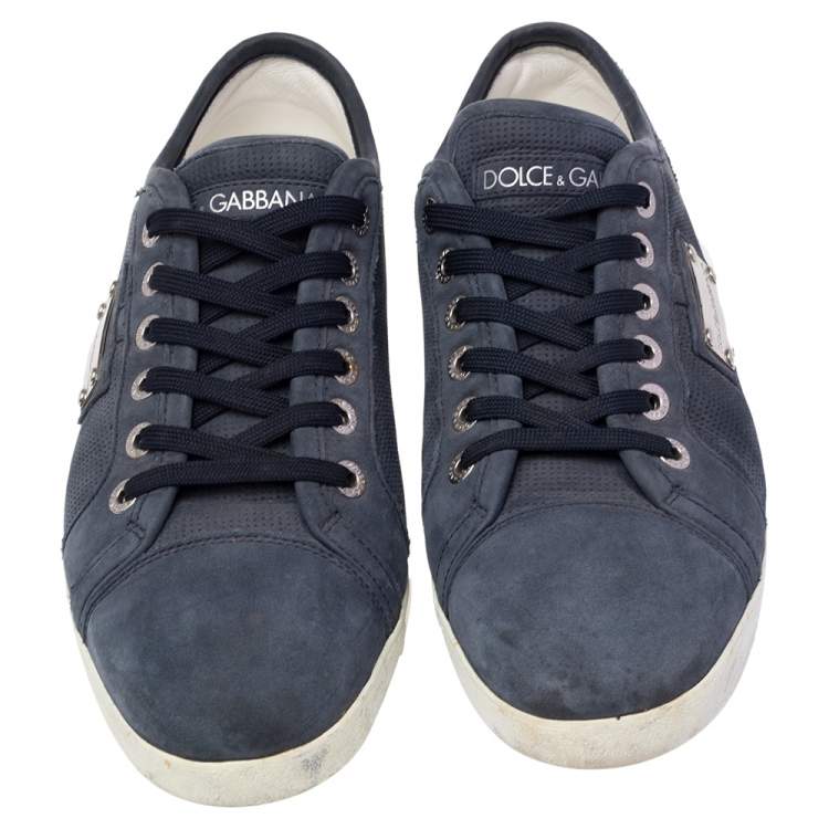 Pre Owned Dolce & Gabbana Blue Suede Logo Plaque Low Top Sneakers Size 43
