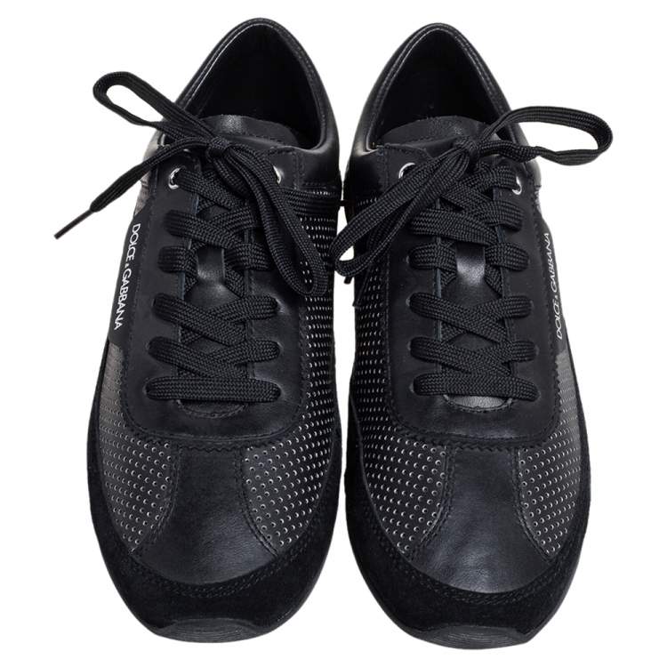 Pre Owned Dolce & Gabbana Black Leather And Suede Lace Up Sneakers Size 41.5