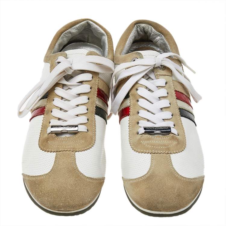 Pre Owned Dolce & Gabbana Beige/White Leather And Suede Low Top Sneakers Size 42