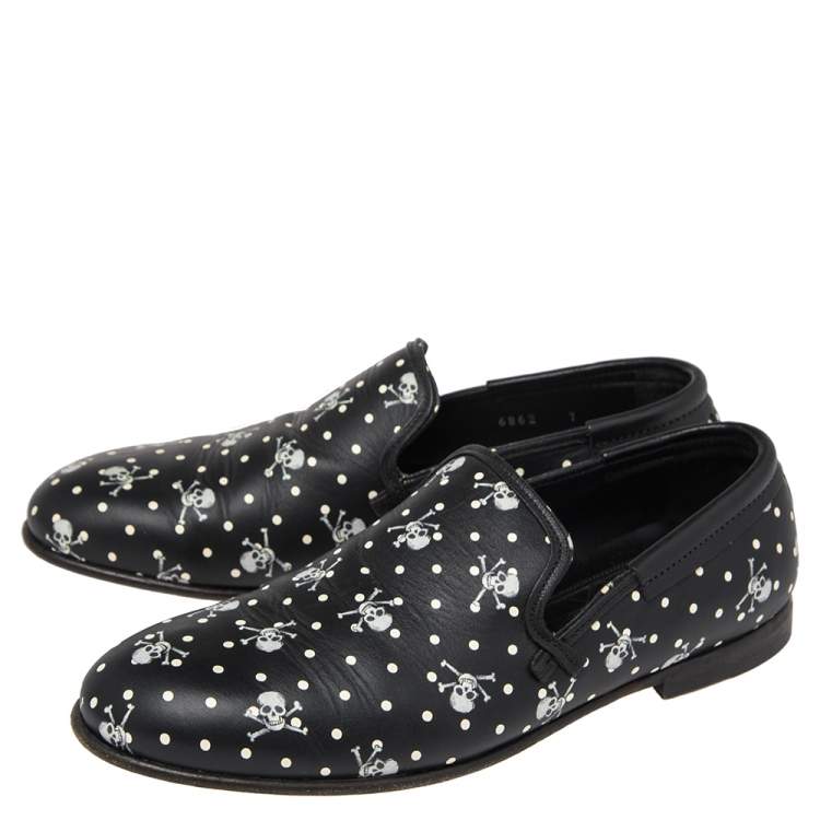 Pre Owned Dolce & Gabbana Black Leather Skull  And Cross Bone Print  Loafers  Size 41