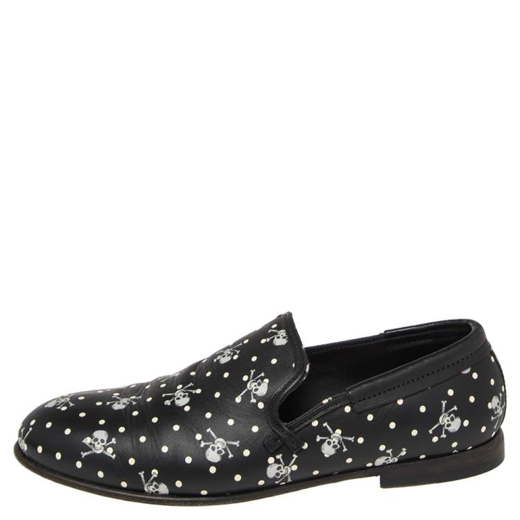 Pre Owned Dolce & Gabbana Black Leather Skull  And Cross Bone Print  Loafers  Size 41