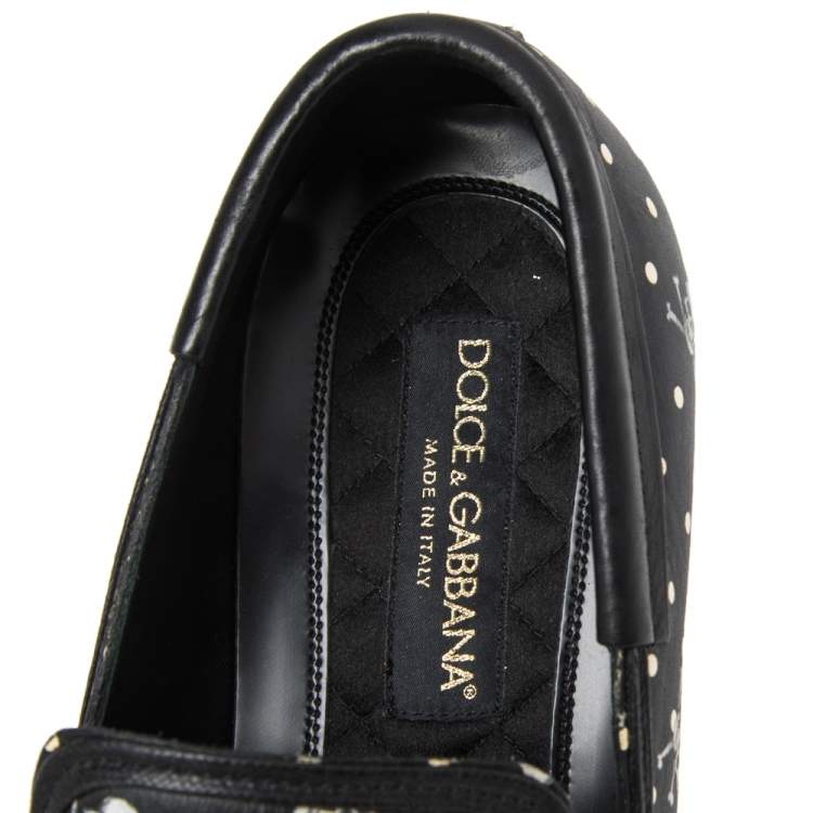 Pre Owned Dolce & Gabbana Black Leather Skull  And Cross Bone Print  Loafers  Size 41