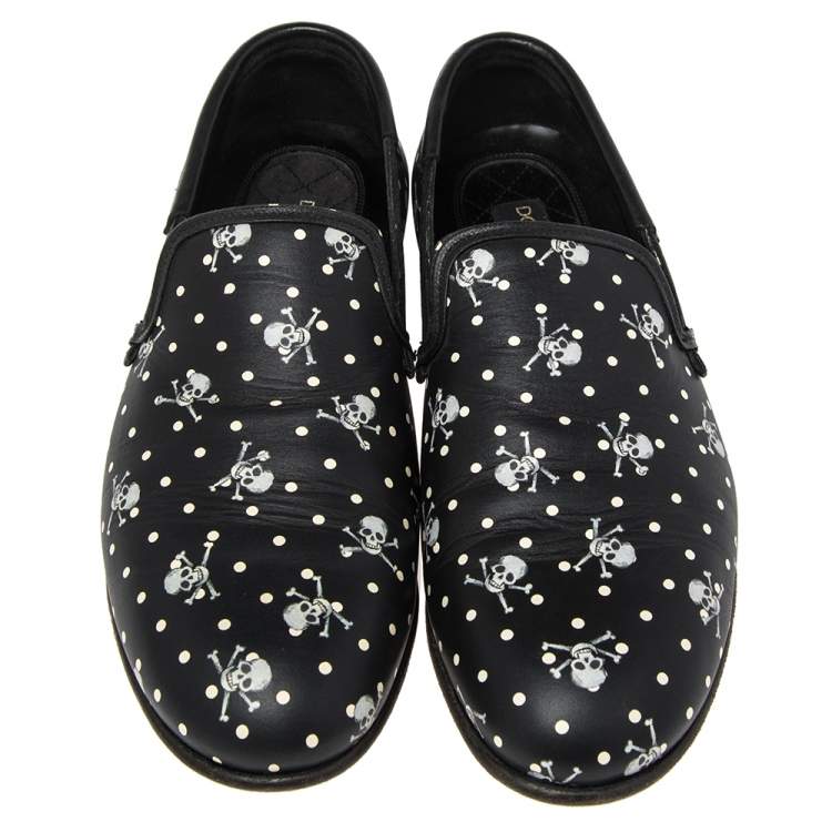 Pre Owned Dolce & Gabbana Black Leather Skull  And Cross Bone Print  Loafers  Size 41