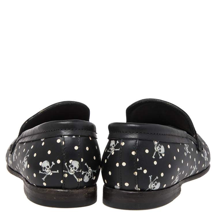 Pre Owned Dolce & Gabbana Black Leather Skull  And Cross Bone Print  Loafers  Size 41