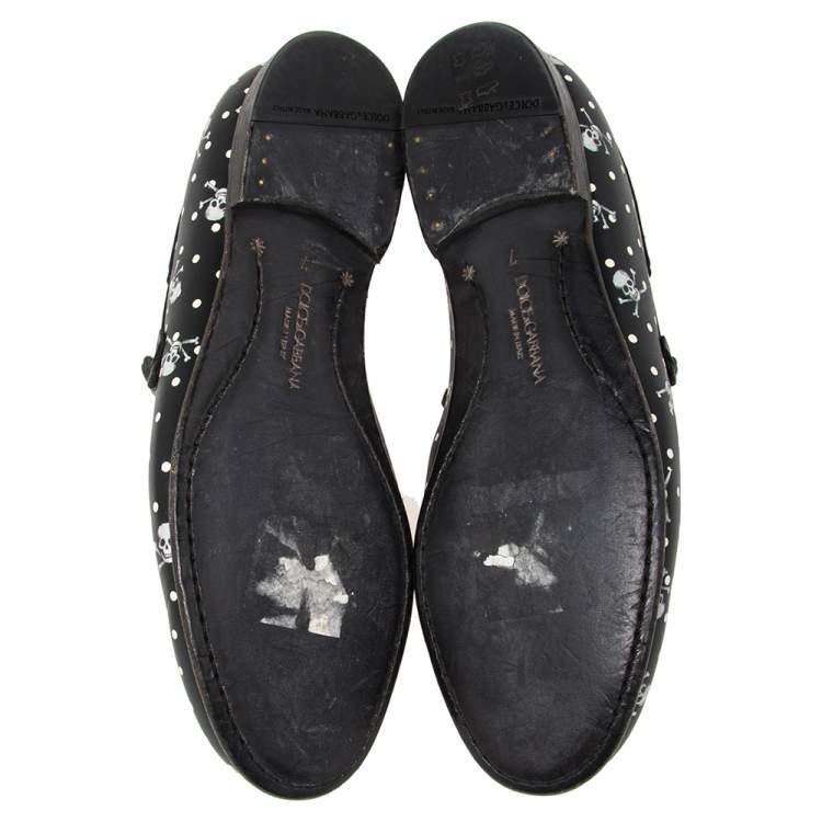 Pre Owned Dolce & Gabbana Black Leather Skull  And Cross Bone Print  Loafers  Size 41