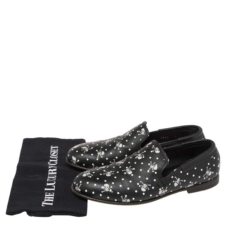 Pre Owned Dolce & Gabbana Black Leather Skull  And Cross Bone Print  Loafers  Size 41