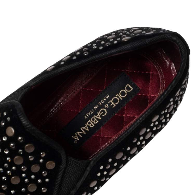 Pre Owned Dolce & Gabbana Black Velvet Crystal Studded Loafers Size 42