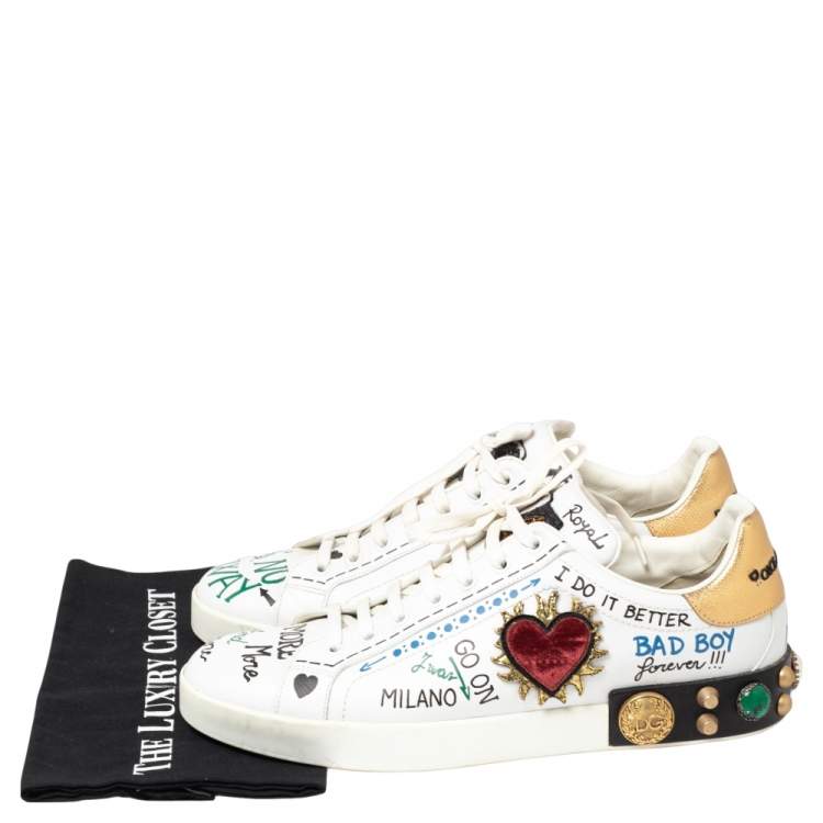 Pre Owned Dolce & Gabbana White Leather Graffiti Print Portofino Low Top Sneakers Size 45