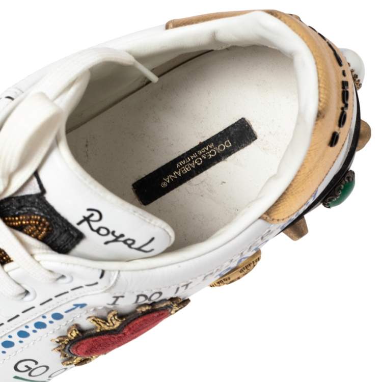Pre Owned Dolce & Gabbana White Leather Graffiti Print Portofino Low Top Sneakers Size 45