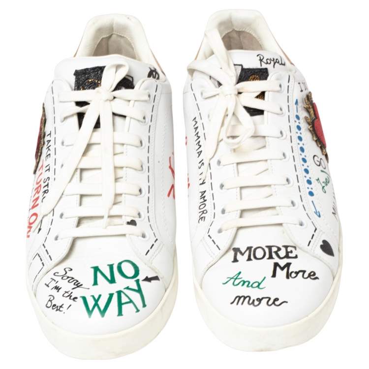 Pre Owned Dolce & Gabbana White Leather Graffiti Print Portofino Low Top Sneakers Size 45