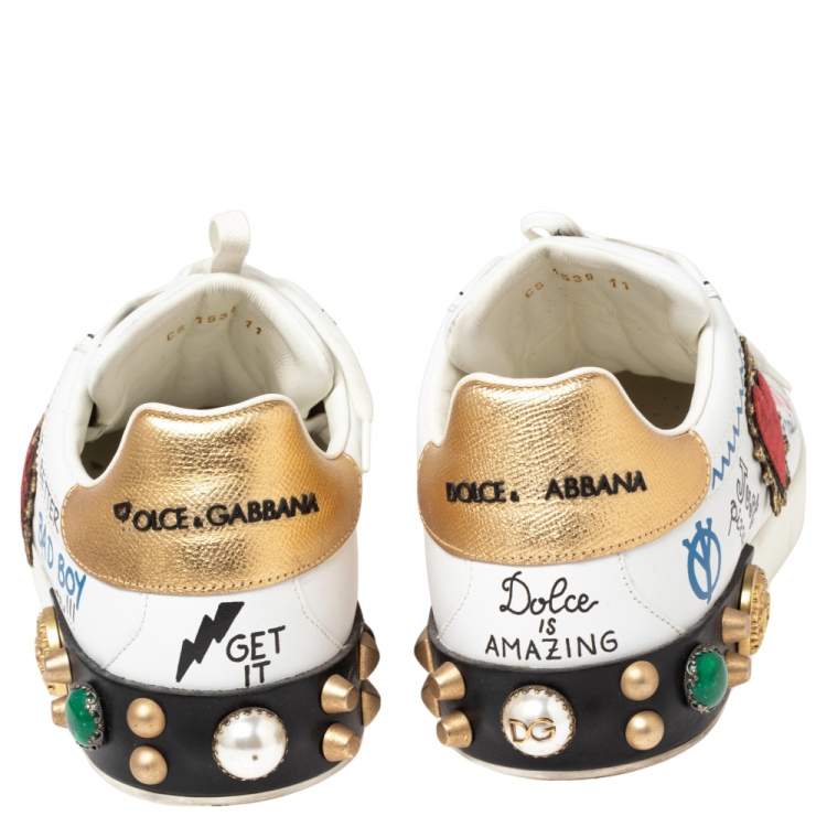 Pre Owned Dolce & Gabbana White Leather Graffiti Print Portofino Low Top Sneakers Size 45
