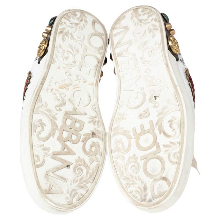 Pre Owned Dolce & Gabbana White Leather Graffiti Print Portofino Low Top Sneakers Size 45