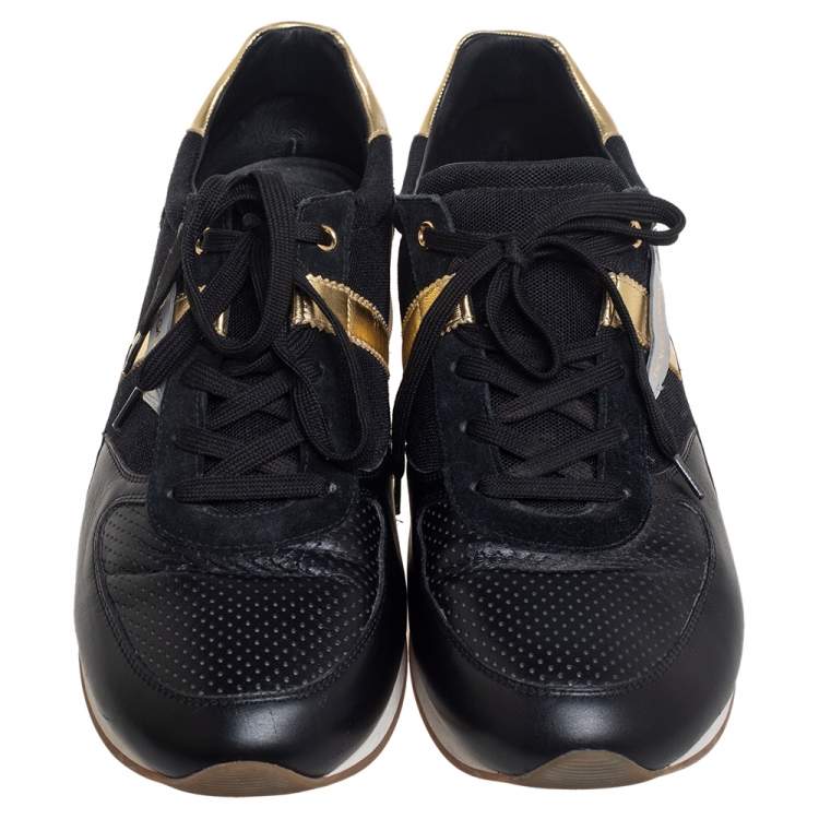 Pre Owned Dolce & Gabbana Black/Gold Leather and Mesh Low Top Sneakers Size 45