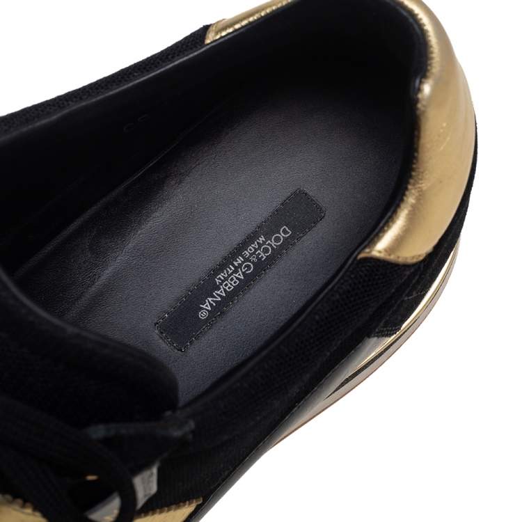 Pre Owned Dolce & Gabbana Black/Gold Leather and Mesh Low Top Sneakers Size 45