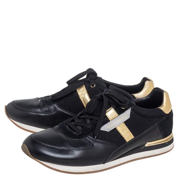 Pre Owned Dolce & Gabbana Black/Gold Leather and Mesh Low Top Sneakers Size 45