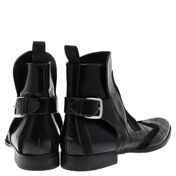 Pre Owned Dolce & Gabbana Black Alligator Embossed Leather, Leather And Suede Ankle Boots Size 43