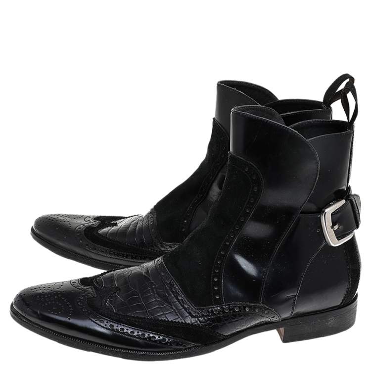 Pre Owned Dolce & Gabbana Black Alligator Embossed Leather, Leather And Suede Ankle Boots Size 43