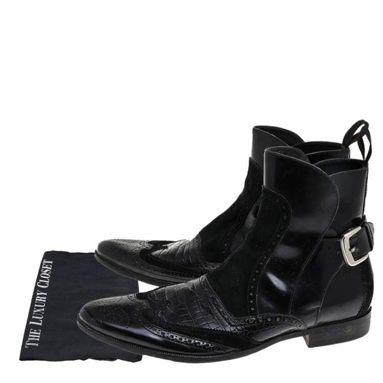 Pre Owned Dolce & Gabbana Black Alligator Embossed Leather, Leather And Suede Ankle Boots Size 43