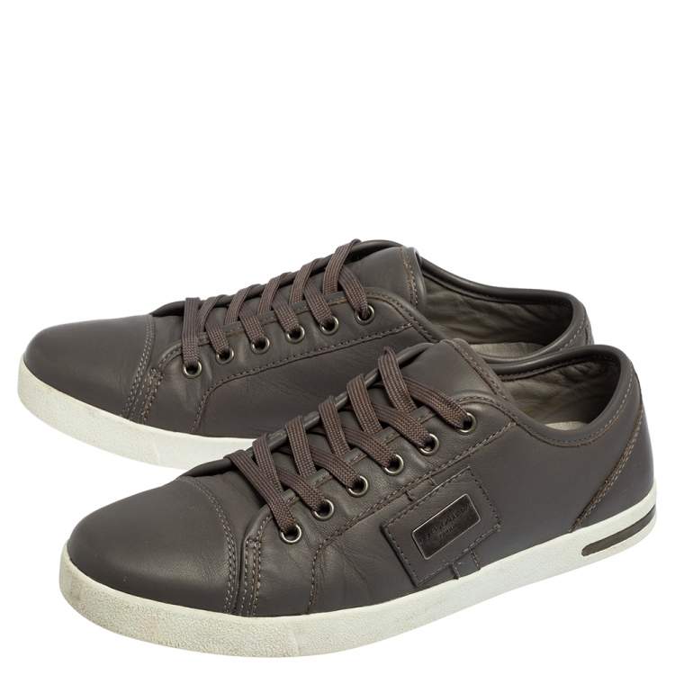 Pre Owned Dolce & Gabbana Grey Leather Logo Plaque Low Top Sneakers Size 40