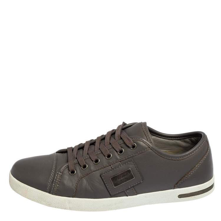 Pre Owned Dolce & Gabbana Grey Leather Logo Plaque Low Top Sneakers Size 40