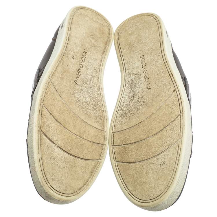 Pre Owned Dolce & Gabbana Grey Leather Logo Plaque Low Top Sneakers Size 40