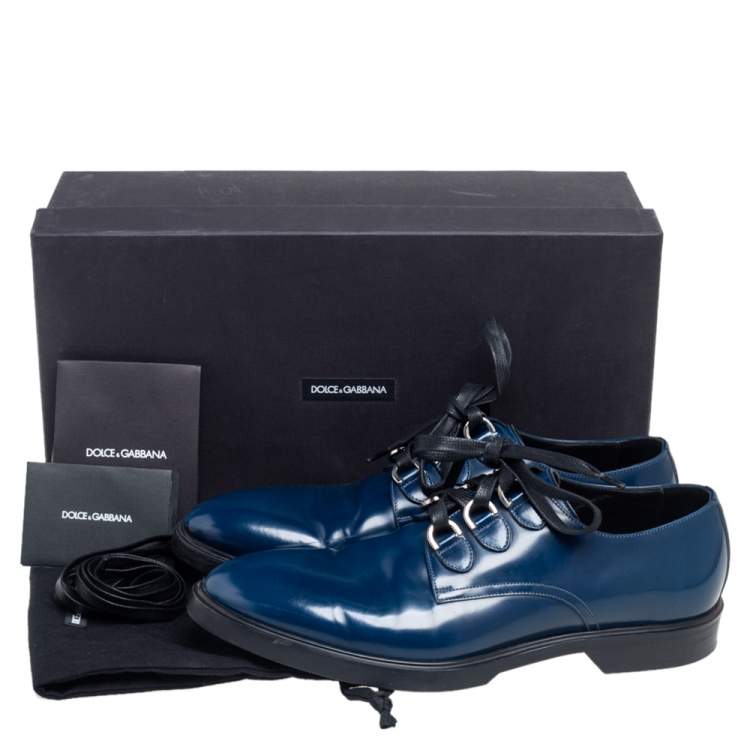 Pre Owned Dolce & Gabbana Blue/Black Glossy Leather Lace Up Derby Size 42.5