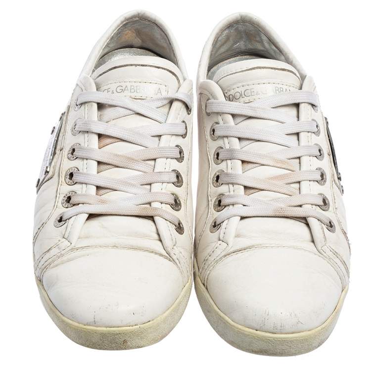 Pre Owned Dolce & Gabbana White Leather Lace Low  Sneakers Size 42.5