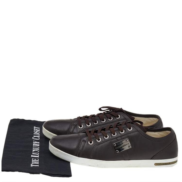 Pre Owned Dolce & Gabbana Dark Brown Leather Lace Up Low Top Sneakers Size 44