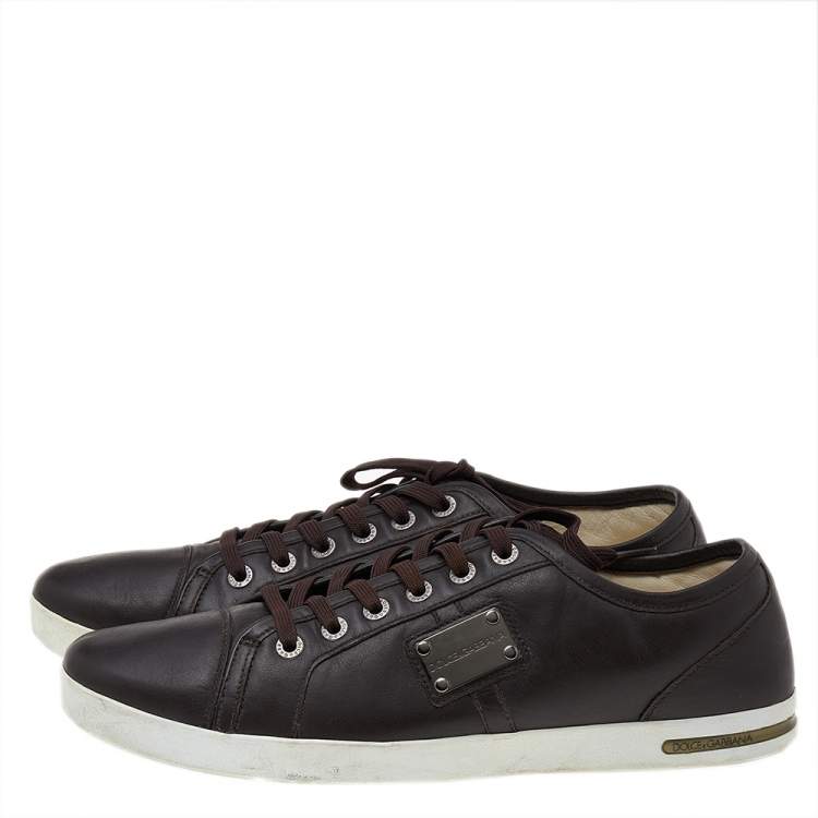 Pre Owned Dolce & Gabbana Dark Brown Leather Lace Up Low Top Sneakers Size 44