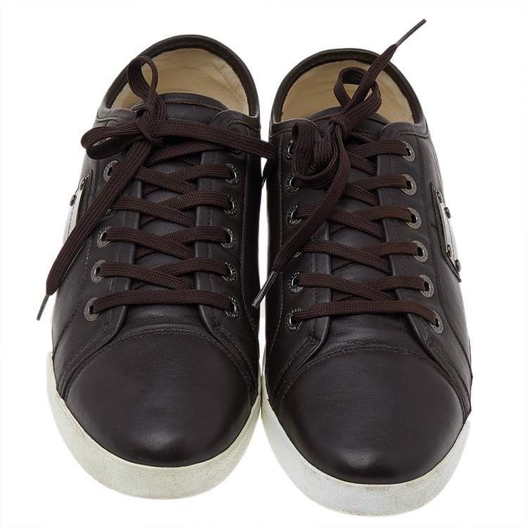 Pre Owned Dolce & Gabbana Dark Brown Leather Lace Up Low Top Sneakers Size 44