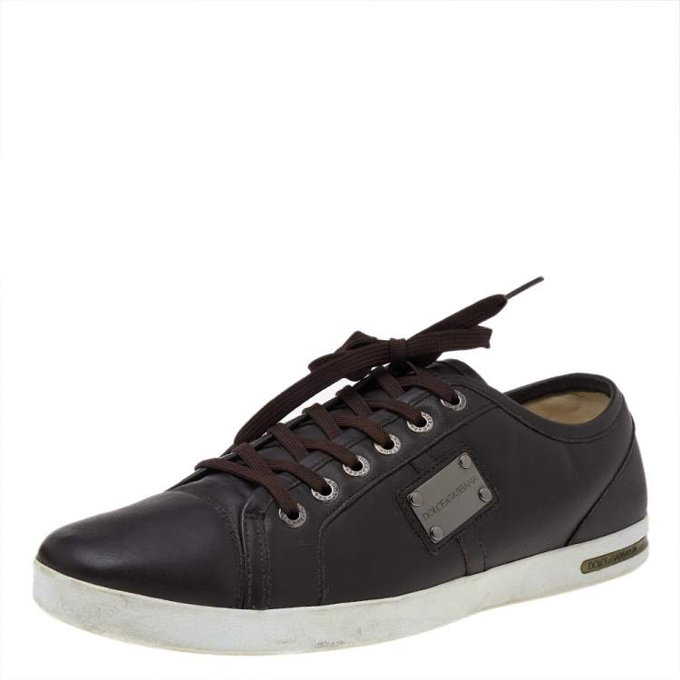 Pre Owned Dolce & Gabbana Dark Brown Leather Lace Up Low Top Sneakers Size 44