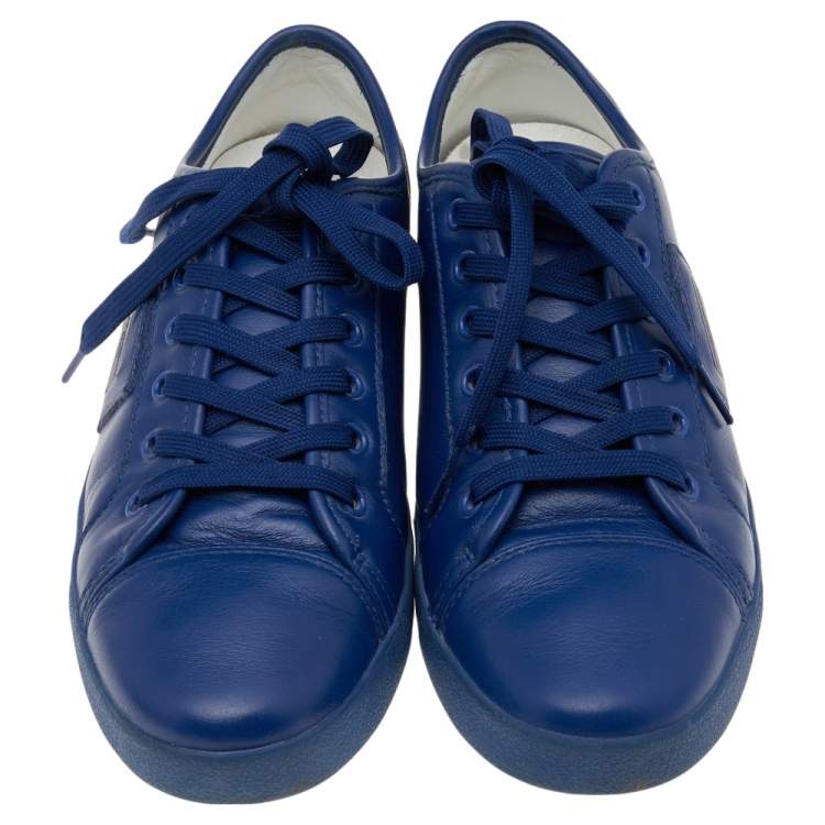Pre Owned Dolce & Gabbana Blue Leather Logo Plaque Low Top Sneakers Size 39