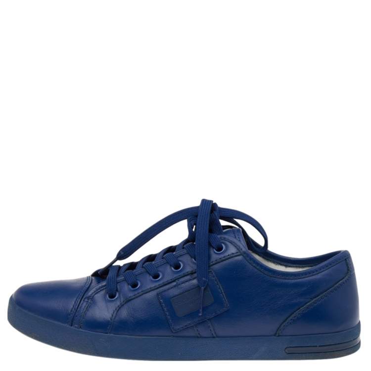 Pre Owned Dolce & Gabbana Blue Leather Logo Plaque Low Top Sneakers Size 39