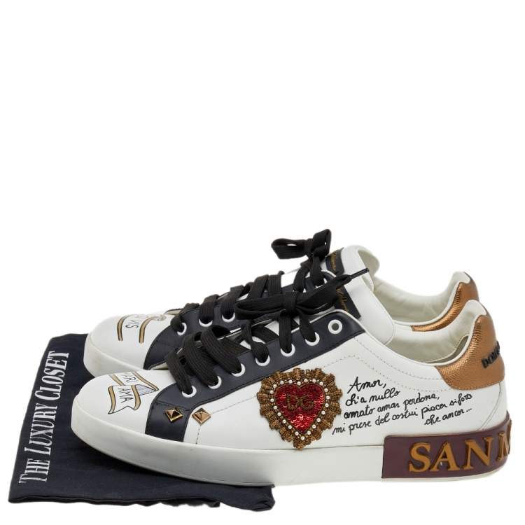 مملوكة مسبقًا Dolce & Gabbana White Leather Heart Patch Embellished Lace Up Sneakers Size 44