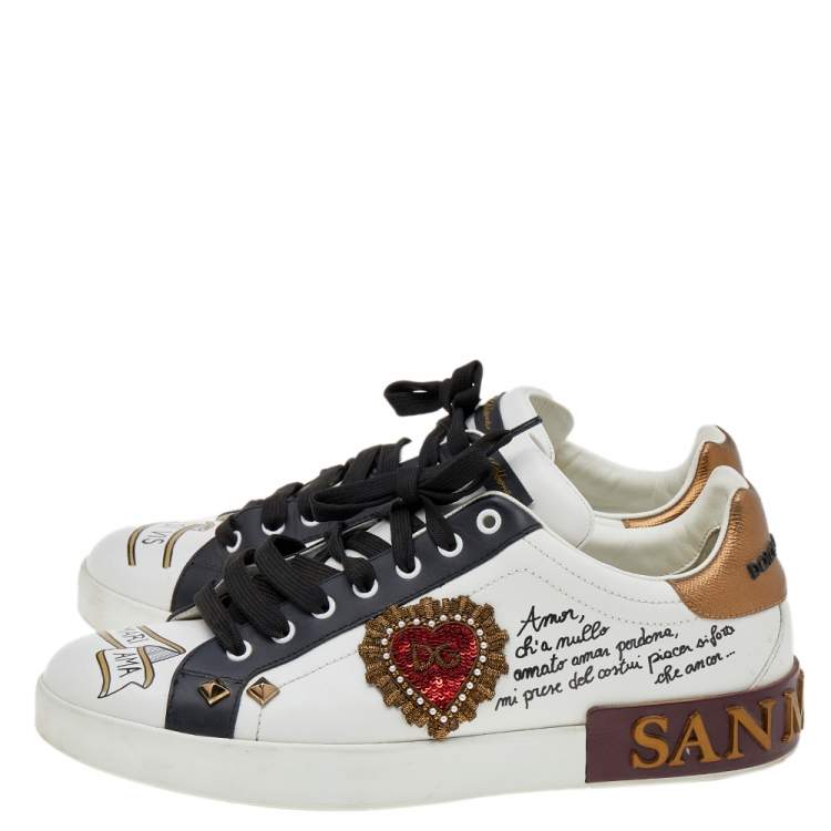 مملوكة مسبقًا Dolce & Gabbana White Leather Heart Patch Embellished Lace Up Sneakers Size 44