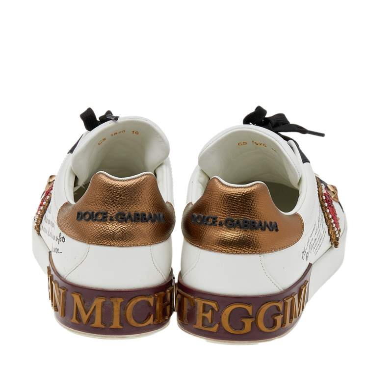 مملوكة مسبقًا Dolce & Gabbana White Leather Heart Patch Embellished Lace Up Sneakers Size 44