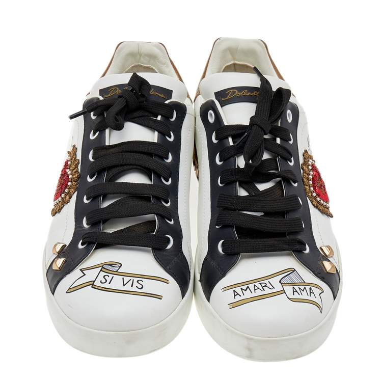 مملوكة مسبقًا Dolce & Gabbana White Leather Heart Patch Embellished Lace Up Sneakers Size 44