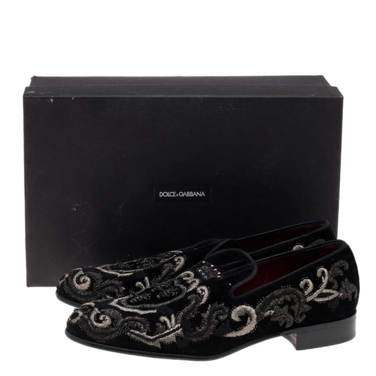 Pre Owned Dolce & Gabbana Black Embroidery Velvet Slip on Loafers Size 41