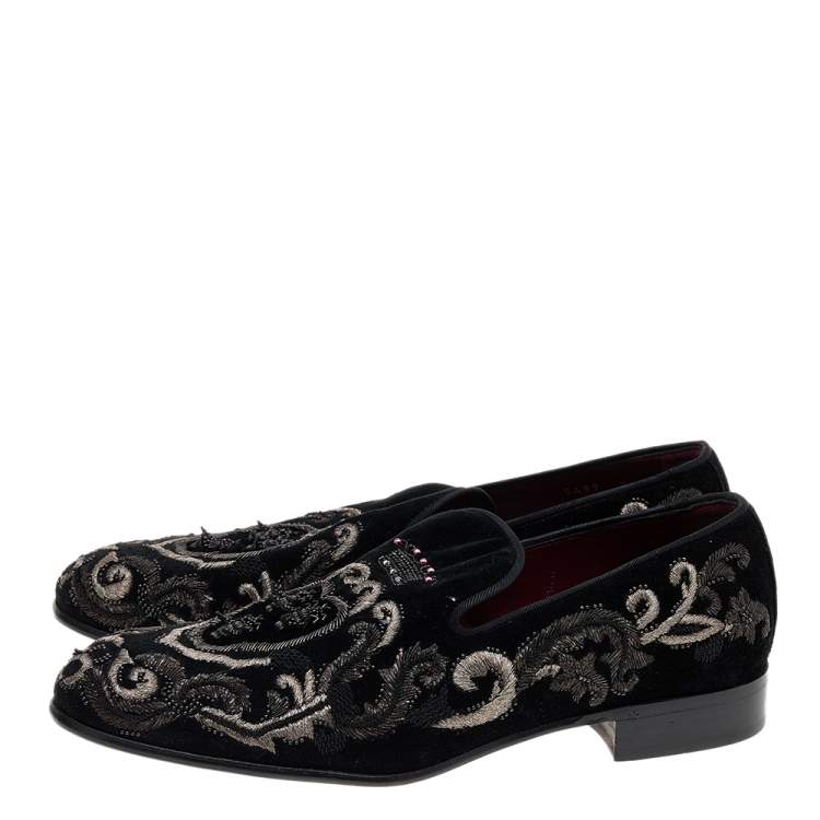 Pre Owned Dolce & Gabbana Black Embroidery Velvet Slip on Loafers Size 41