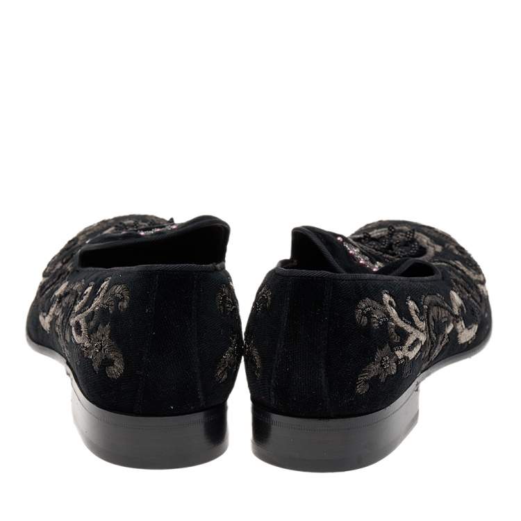 Pre Owned Dolce & Gabbana Black Embroidery Velvet Slip on Loafers Size 41