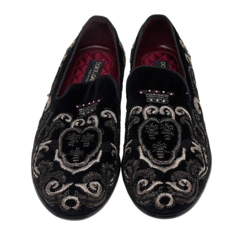 Pre Owned Dolce & Gabbana Black Embroidery Velvet Slip on Loafers Size 41