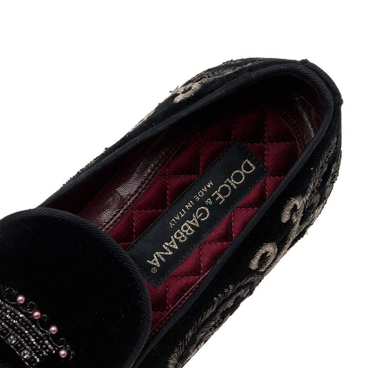Pre Owned Dolce & Gabbana Black Embroidery Velvet Slip on Loafers Size 41