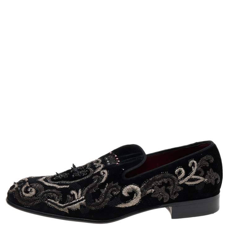 Pre Owned Dolce & Gabbana Black Embroidery Velvet Slip on Loafers Size 41