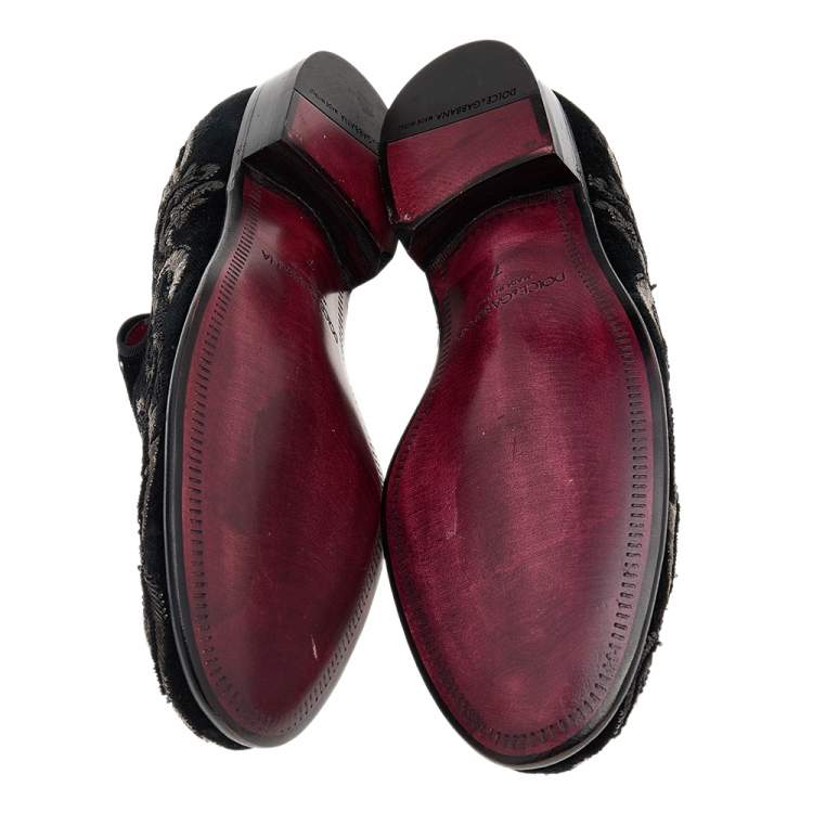 Pre Owned Dolce & Gabbana Black Embroidery Velvet Slip on Loafers Size 41