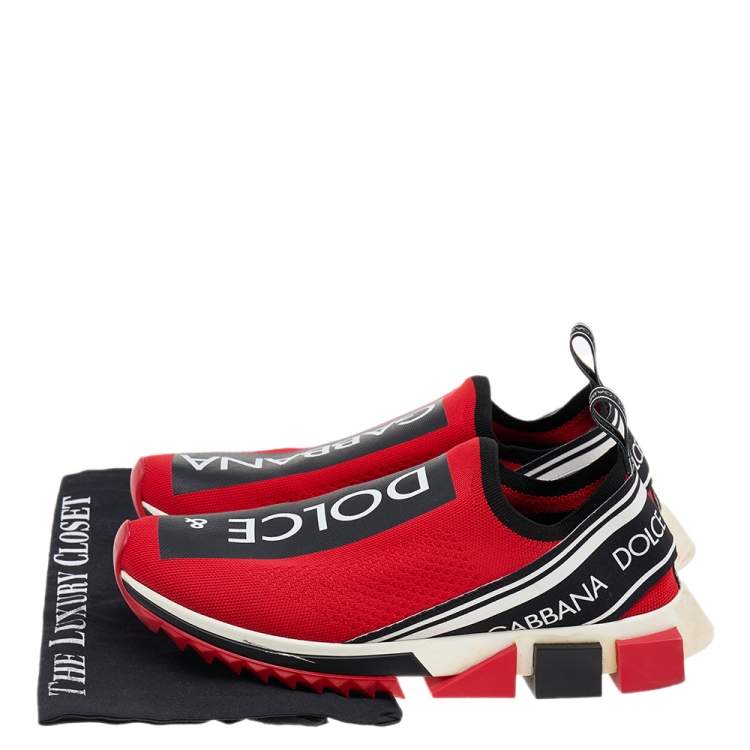Pre Owned Dolce & Gabbana Red Knit Fabric Sorrento Logo Print Slip On Sneakers Size 43