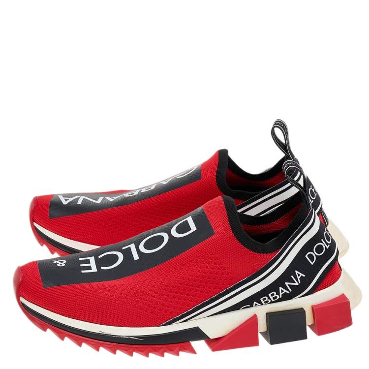 Pre Owned Dolce & Gabbana Red Knit Fabric Sorrento Logo Print Slip On Sneakers Size 43